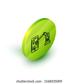 Isometric line Industrial machine robotic robot arm hand on mobile phone factory icon isolated on white background. Industrial robot manipulator. Green circle button. Vector Illustration