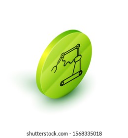 Isometric line Industrial machine robotic robot arm hand factory icon isolated on white background. Industrial robot manipulator. Green circle button. Vector Illustration