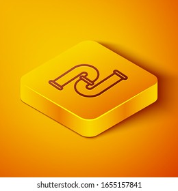 Isometric line Industry metallic pipe icon isolated on orange background. Plumbing pipeline parts of different shapes. Yellow square button. Vector Illustration