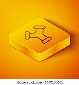 Isometric line Industry metallic pipe icon isolated on orange background. Plumbing pipeline parts of different shapes. Yellow square button. Vector Illustration