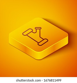 Isometric line Industry metallic pipe icon isolated on orange background. Plumbing pipeline parts of different shapes. Yellow square button. Vector Illustration