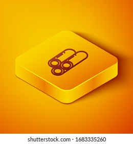 Isometric line Industry metallic pipe icon isolated on orange background. Plumbing pipeline parts of different shapes. Yellow square button. Vector Illustration