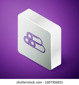 Línea isométrica Icono de tubería metálica de la industria aislado en fondo morado. Piezas de tubería de fontanería de diferentes formas. Botón cuadrado plateado. Ilustración vectorial