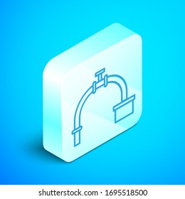 Isometric line Industry metallic pipe and valve icon isolated on blue background. Silver square button. Vector Illustration