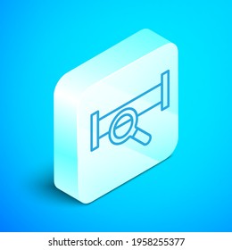 Isometric line Industry metallic pipe icon isolated on blue background. Plumbing pipeline parts of different shapes. Silver square button. Vector