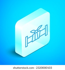 Isometric line Industry metallic pipe icon isolated on blue background. Plumbing pipeline parts of different shapes. Silver square button. Vector