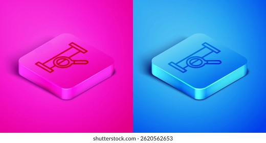Isometric line Industry metallic pipe icon isolated on pink and blue background. Plumbing pipeline parts of different shapes. Square button. Vector