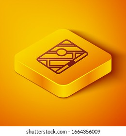 Línea isométrica Infografía del mapa de la ciudad icono de navegación aislado en fondo anaranjado. Diseño de concepto de Interfaz de aplicación móvil. Concepto de geolacación. Botón cuadrado amarillo. Ilustración vectorial