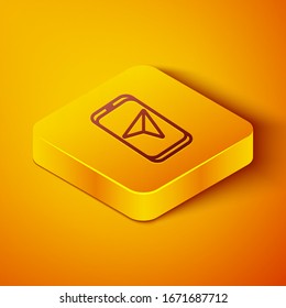 Isometric line Infographic of city map navigation icon isolated on orange background. Mobile App Interface concept design. Geolacation concept. Yellow square button. Vector Illustration