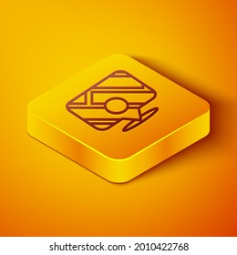 Isometric line Infographic of city map navigation icon isolated on orange background. Mobile App Interface concept design. Geolacation concept. Yellow square button. Vector Illustration