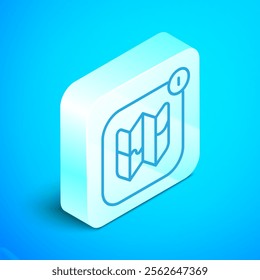 Isometric line Infographic of city map navigation icon isolated on blue background. Mobile App Interface concept design. Geolacation concept. Silver square button. Vector