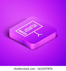 Isometric line Information icon isolated on purple background. Purple square button. Vector Illustration