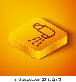 Isometric line Inhaler icon isolated on orange background. Breather for cough relief, inhalation, allergic patient. Medical allergy asthma inhaler spray. Yellow square button. Vector