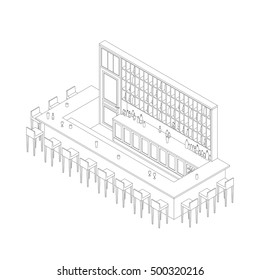 Isometric Line Interior Of  Bar Restaurant. Sketch Drawing Of Interior With Bar Table, Stools And Shelves With Alcohol.