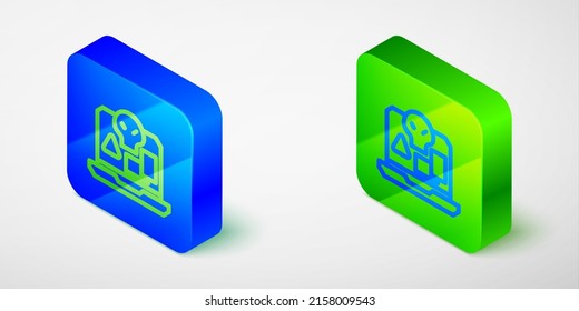 Isometric line Internet piracy icon isolated grey background. Online piracy. Cyberspace crime with file download and movies sharing. Blue and green square button. Vector