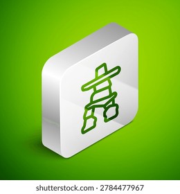 Isometric line Inukshuk icon isolated on green background. Silver square button. Vector