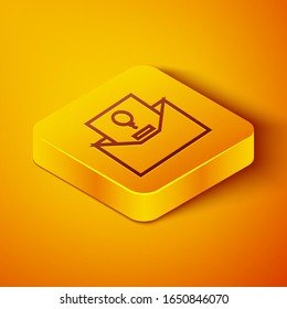 Isometric line Invitation icon isolated on orange background. Celebration poster template for invitation or greeting card. Yellow square button. Vector Illustration