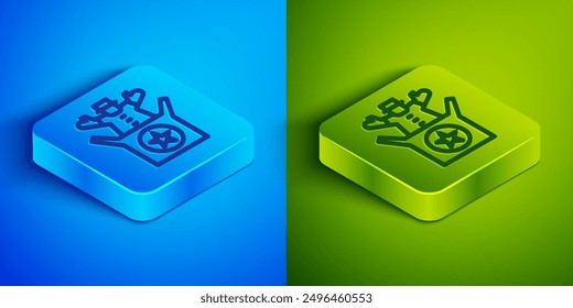 Línea isométrica Jack en el icono de juguete de la caja aislado en fondo azul y verde. Bufón fuera de la caja. Botón cuadrado. Vector