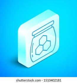 Isometric line Jar of honey icon isolated on blue background. Food bank. Sweet natural food symbol. Silver square button. Vector Illustration