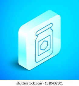 Isometric line Jar of honey icon isolated on blue background. Food bank. Sweet natural food symbol. Silver square button. Vector Illustration