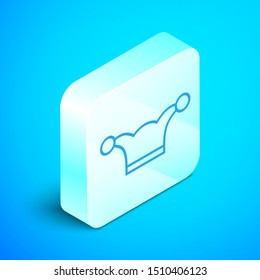 Isometric line Jester hat with bells isolated on blue background. Clown icon. Amusement park funnyman sign. Silver square button. Vector Illustration