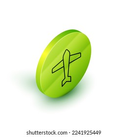 Isometric line Jet fighter icon isolated on white background. Military aircraft. Green circle button. Vector