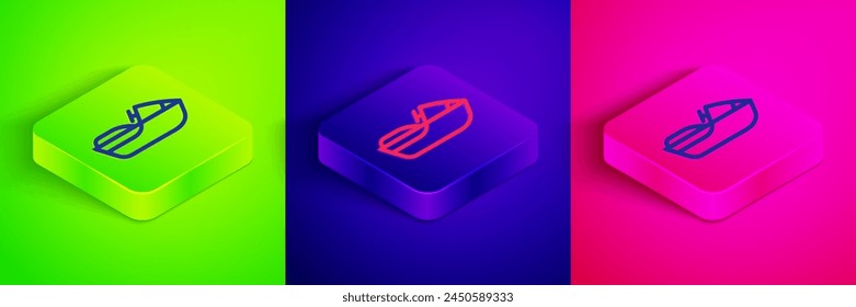 Isometric line Jet ski icon isolated on green, blue and pink background. Water scooter. Extreme sport. Square button. Vector