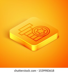 Isometric line Jewish coin icon isolated on orange background. Currency symbol. Orange square button. Vector Illustration