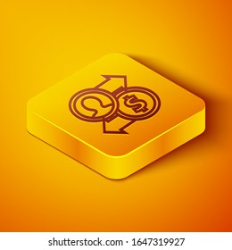 Isometric line Job promotion exchange money icon isolated on orange background. Success, achievement, motivation business symbol, growth. Yellow square button. Vector Illustration