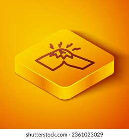 Línea isométrica Dolor de articulación, icono del dolor de rodilla aislado en el fondo naranja. Medicina ortopédica. Enfermedad de las articulaciones y los huesos, artritis. Botón cuadrado amarillo. Vector