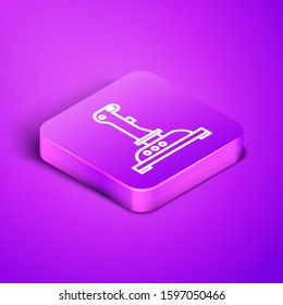 Isometric line Joystick for arcade machine icon isolated on purple background. Joystick gamepad. Purple square button. Vector Illustration