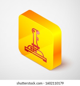 Isometric line Joystick for arcade machine icon isolated on grey background. Joystick gamepad. Yellow square button. Vector Illustration