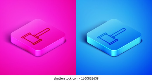 Isometric line Judge gavel icon isolated on pink and blue background. Gavel for adjudication of sentences and bills, court, justice. Auction hammer. Square button. Vector Illustration