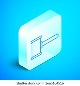 Isometric line Judge gavel icon isolated on blue background. Gavel for adjudication of sentences and bills, court, justice. Auction hammer. Silver square button. Vector Illustration