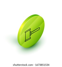 Isometric line Judge gavel icon isolated on white background. Gavel for adjudication of sentences and bills, court, justice. Auction hammer. Green circle button. Vector Illustration