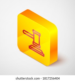 Isometric line Judge gavel icon isolated on grey background. Gavel for adjudication of sentences and bills, court, justice. Auction hammer. Yellow square button. Vector.