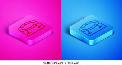Isometric line Jumping trampoline icon isolated on pink and blue background. Square button. Vector