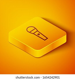Isometric line Karaoke icon isolated on orange background. Microphone and monitor. Yellow square button. Vector Illustration