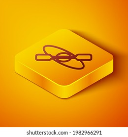 Isometric line Kayak and paddle icon isolated on orange background. Kayak and canoe for fishing and tourism. Outdoor activities. Yellow square button. Vector