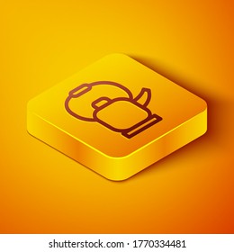 Isometric line Kettle with handle icon isolated on orange background. Teapot icon. Yellow square button. Vector Illustration