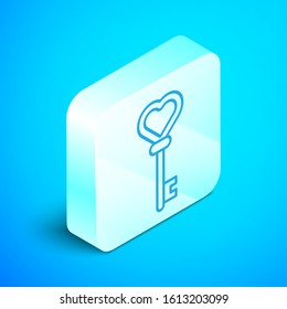 Isometric line Key in heart shape icon isolated on blue background. Silver square button. Vector Illustration