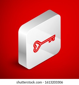 Isometric line Key in heart shape icon isolated on red background. Valentines day symbol. Silver square button. Vector Illustration