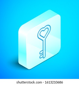 Isometric line Key in heart shape icon isolated on blue background. Valentines day. Silver square button. Vector Illustration