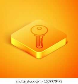 Isometric line Key icon isolated on orange background. Orange square button. Vector Illustration
