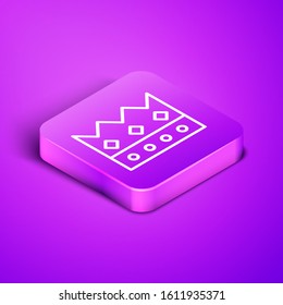 Isometric line King crown icon isolated on purple background. Purple square button. Vector Illustration