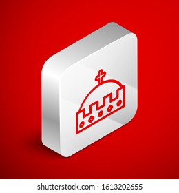 Isometric line King crown icon isolated on red background. Silver square button. Vector Illustration