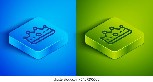 Icono de corona de rey de línea isométrica aislado sobre fondo azul y verde. Botón cuadrado. Vector