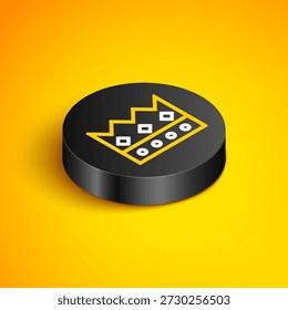 Isometric line King crown icon isolated on yellow background. Black circle button. Vector