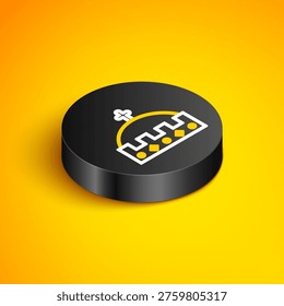 Isometric line King crown icon isolated on yellow background. Black circle button. Vector