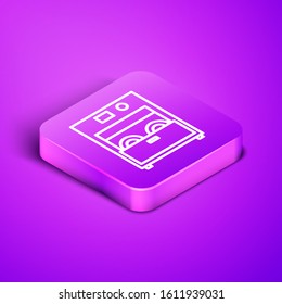 Isometric line Kitchen dishwasher machine icon isolated on purple background. Purple square button. Vector Illustration